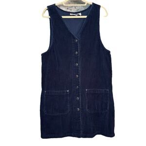 Vtg 90s NorthCrest LG Navy Blue Wide Wale Corduroy Jumper Button Dress‎ Pockets